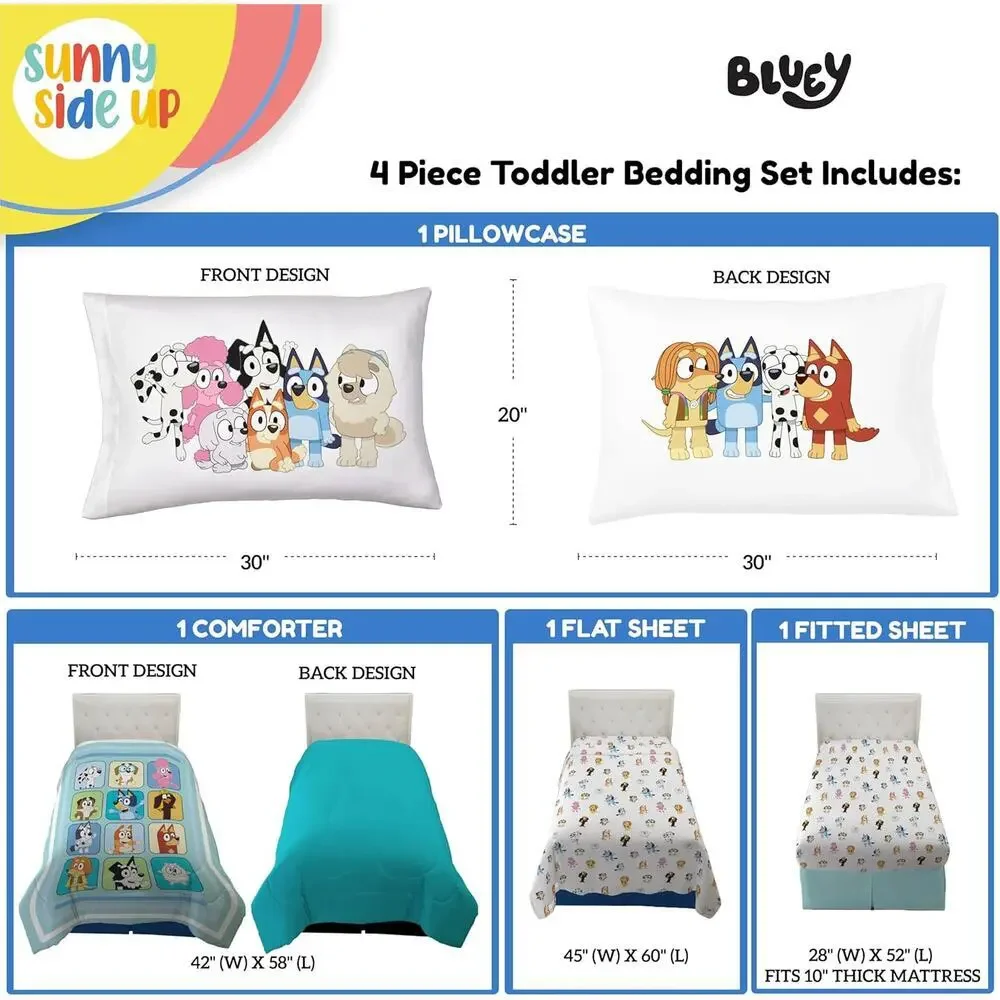 NEW Sunny Side Up Bluey & Friends Bingo 4 Piece Toddler Comforter Bedding Set